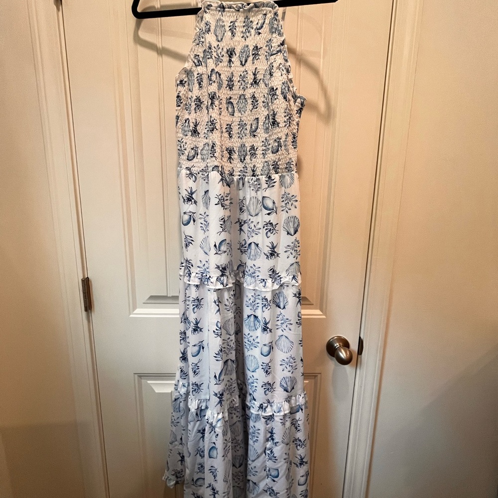 Ann Taylor XS White Blue Seashell Beach Sleeveless Tiered Maxi Dress Women’s - Picture 2 of 7